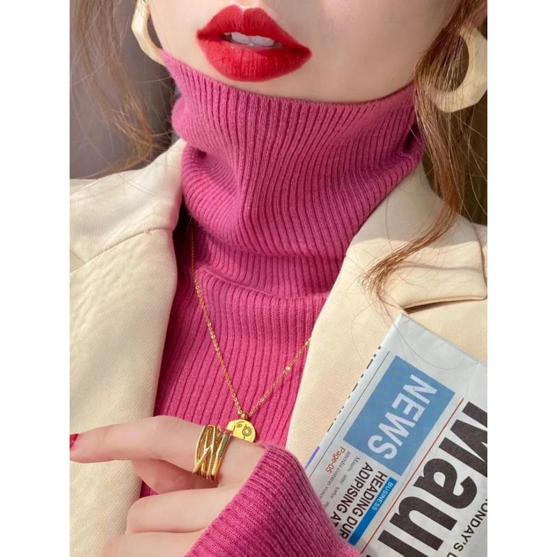 

Модная водолазка, вязаная базовая рубашка, женские осенне-зимние пуловеры, 2025, новая облегающая модель с длинным рукавом, повседневный простой топ, одежда One Size розы красного