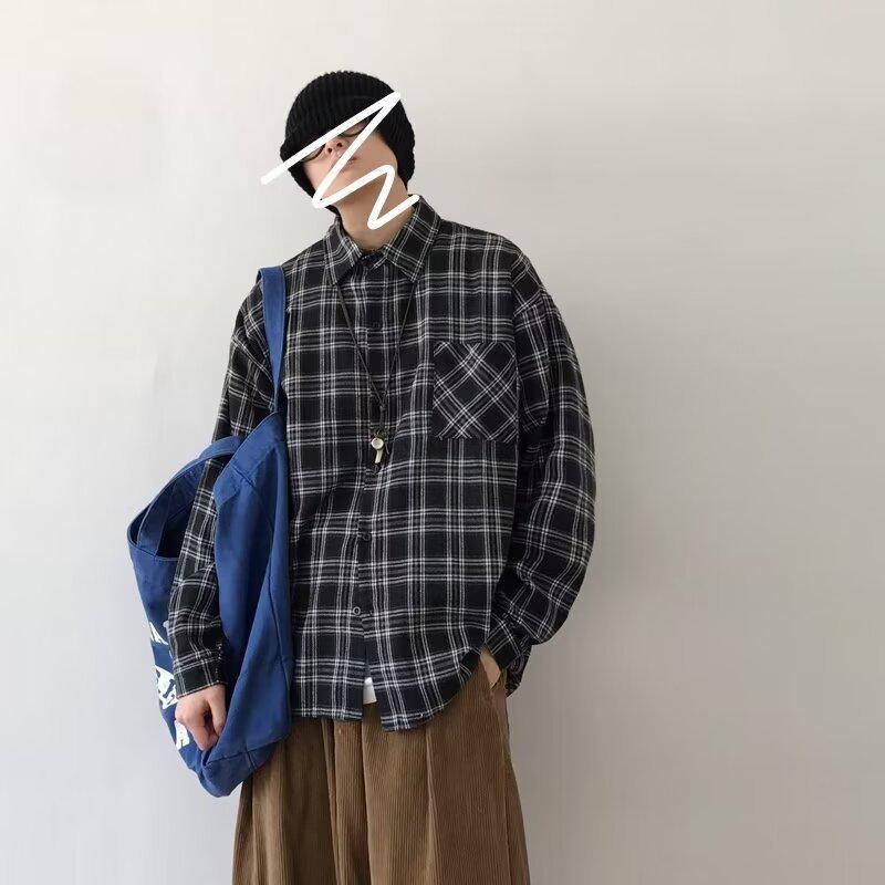 Spring Men's Retro Loose Plaid Hoodie Long Sleeve Shirt - Korean & Hong Kong Style