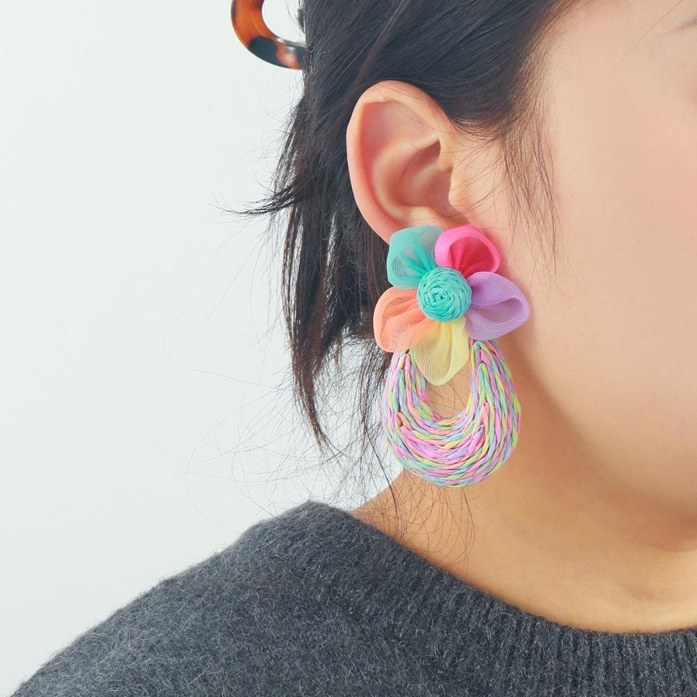 Sweet Straw Weave Earrings Hook Piercing Beach Drop Earrings Mesh Flower Earrings  Girls Gift