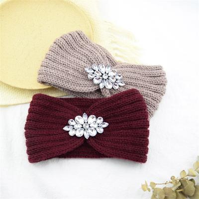 Winter breites gestricktes Stirnband für Frauen, neue klare Kristallblume, gehäkeltes Haarband, Kopfwickel, Strass, Ohrenwärmer, Zubehör