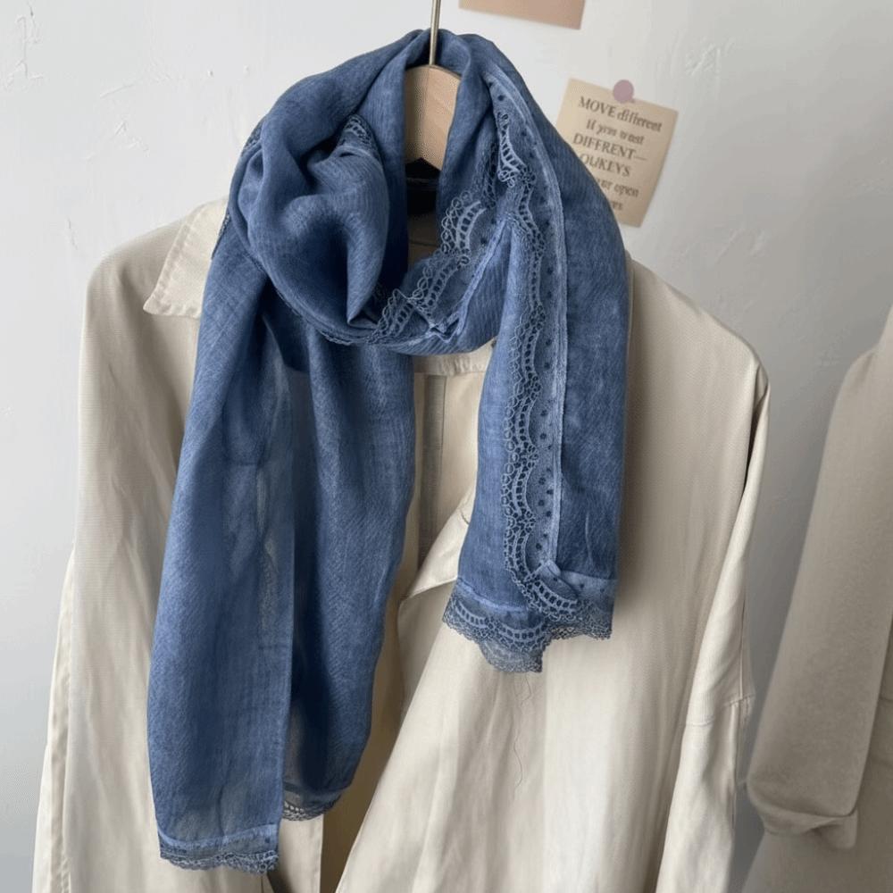 Solid Color Cotton Linen Scarf Elegant Silk Scarf Literary Flaxen Lace Scarf  for Women синий