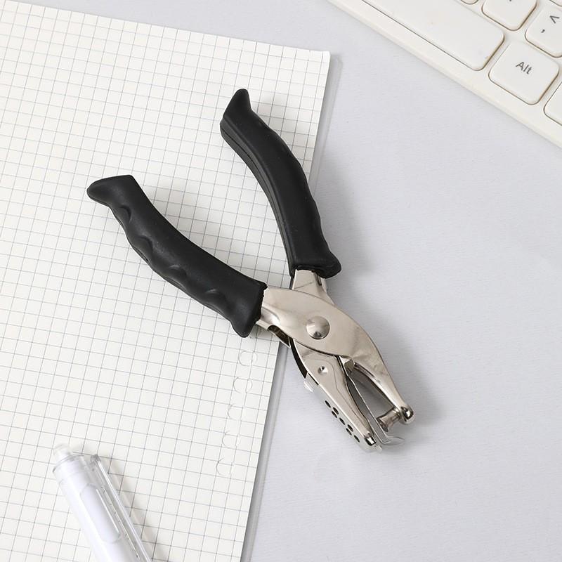 Black & White Rubber-Coated 6mm Handheld Hole Punch Pliers - Manual, Labor-Saving, Single-Hole Loose-Leaf Punch for Office Use