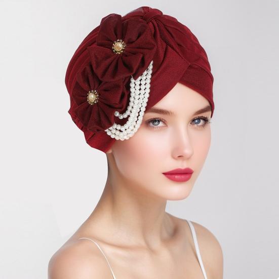 Women Headscarf Hat Imitation Pearls Flower Decor Turban Hat Solid Color Stretchable Fit Headband Sleep Hat