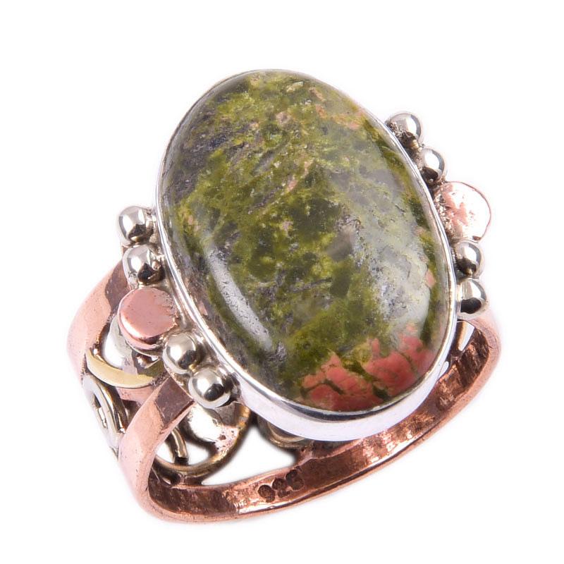 Natural Unakite Gemstone Handmade 925 Sterling Silver Two Tone Ring S.7.5 d9n95