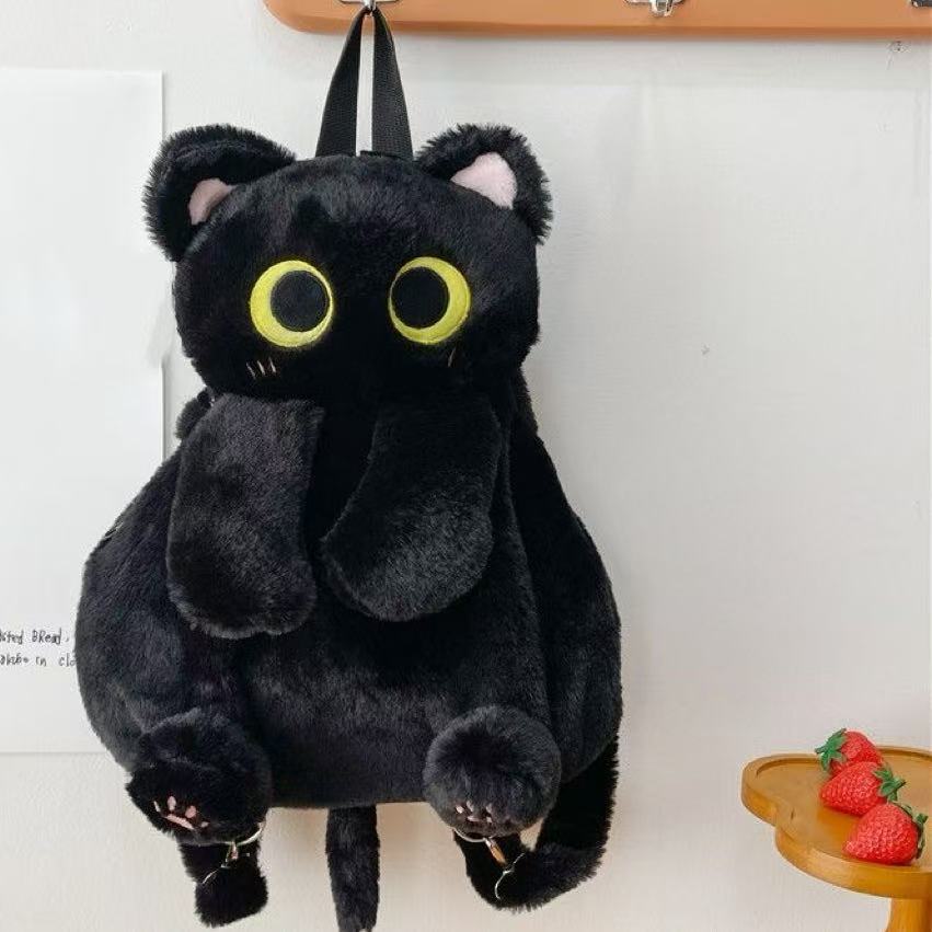 Black Cat Backpacks Big Eyes Kitten Doll Plush Kawaii Stuffed Animals Shoulder Bag Large-capacity Soft Toy Fashion Crossbody Bag
