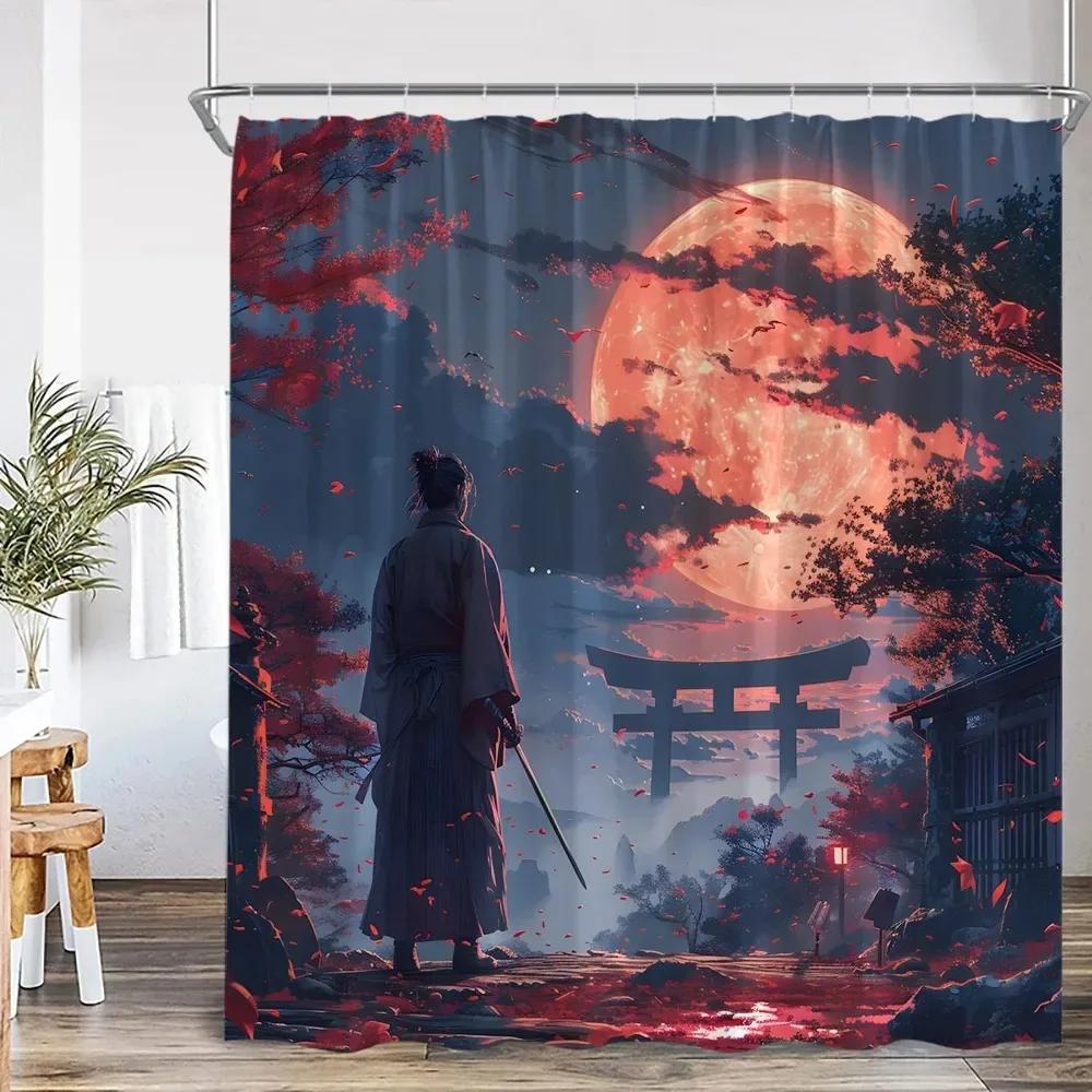 Warrior Samurai Shower Curtain Japan Shrine Red Full Moon Cherry Blossom Bathtub Decor Polyester Bath Curtain With Hook