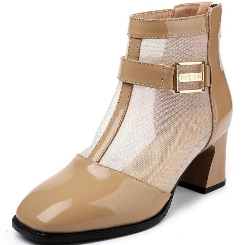 Cool Boots Spring New Square Head Splicing Mesh Metal Buckle Back Zipper Anti-slip Wear-resistant Short Boots