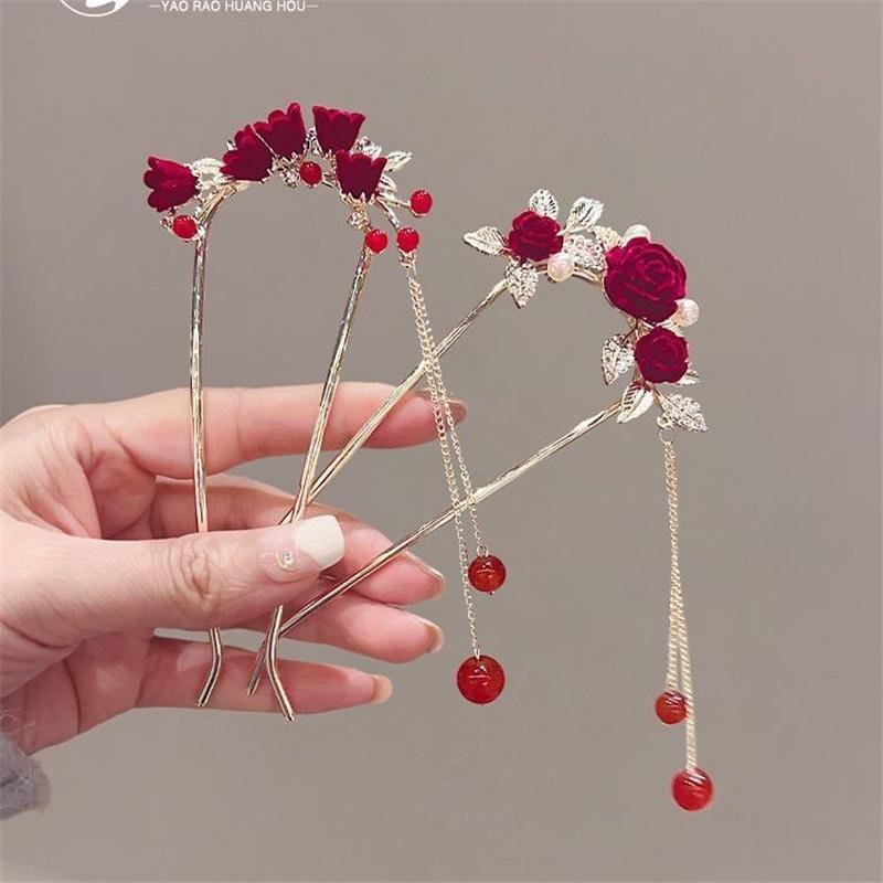 New Chinese Style Rose U Shape Hairpin Women Hanfu Cheongsam Tassel Ancient Style Hair Accessories