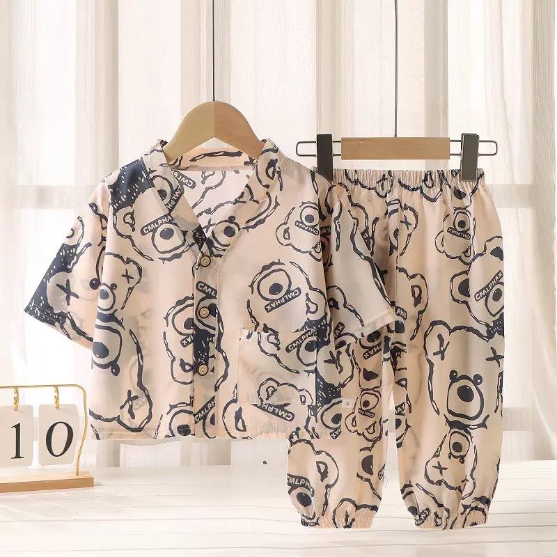 Kids Summer Rayon Pajama Set Button Down Top And Pants Unisex Children Air Conditioned Homewear Two Piece Outfit