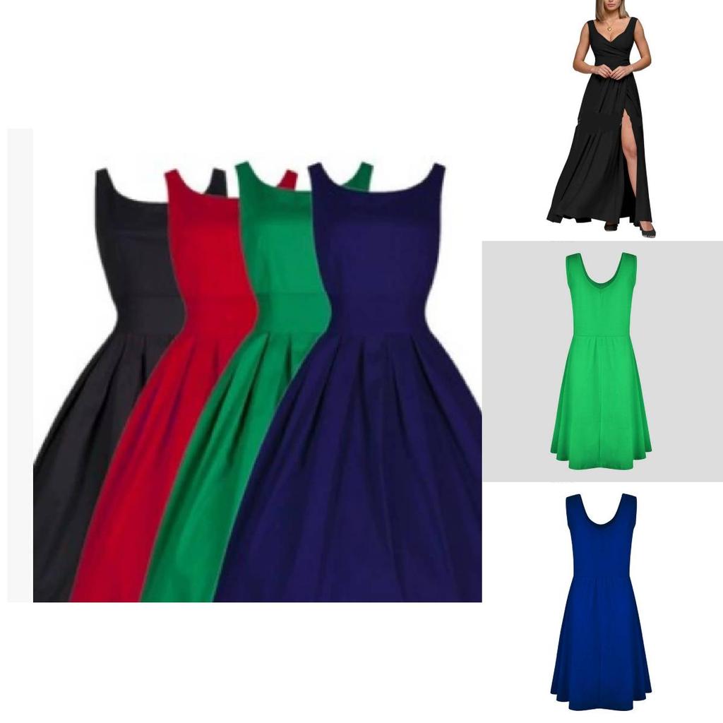 Patchwork Cotton Blend Sleeveless Dress Round Neck Flared Hem For Beach Parties