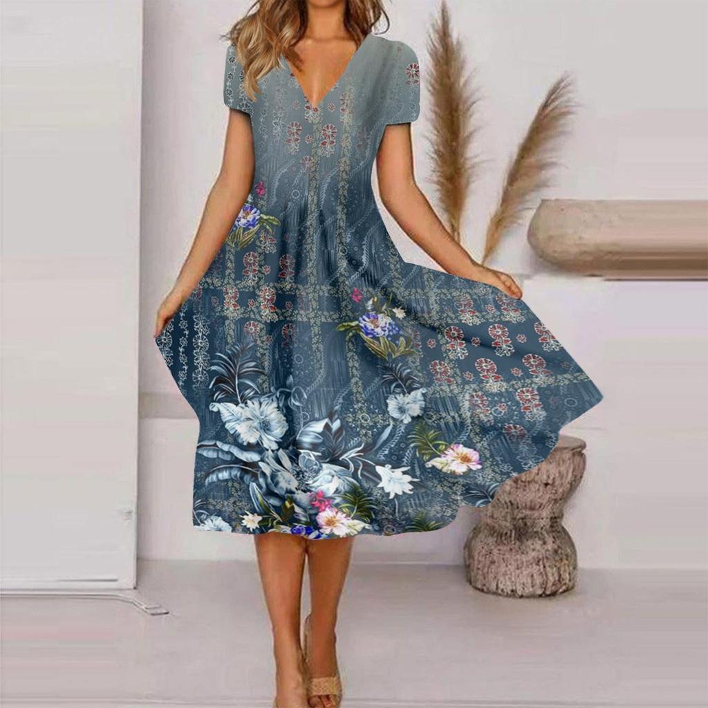 Women's Fashion And All- Summer Temperament V-neck Printed Short-sleeved Dress