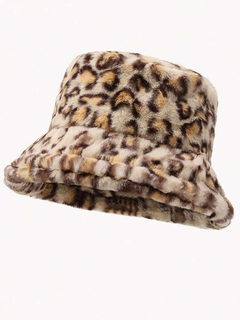 Leopard Print Furry Bucket Hat Warm Casual Street Style
