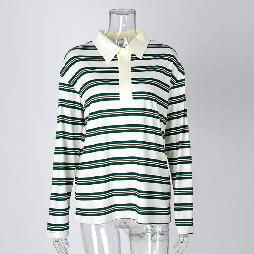 Spring New Loose Striped POLO Collar Long-Sleeve Top With A Stylish Design Suitable For Casual And Commuting