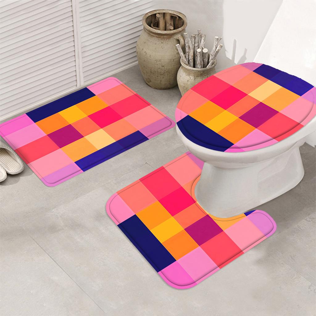 4pcs Creative Grid Shower Curtain Set with 12 Hooks - Shower Curtain, Bath Mat, Toilet Seat Cover And U-Shaped Rug - Machine
