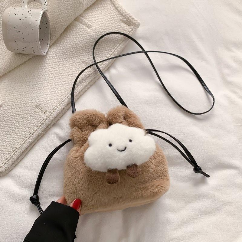 Adorable Plush Bucket Bag For Women Stylish Soft Pu Crossbody Purse In Black White Pink Khaki