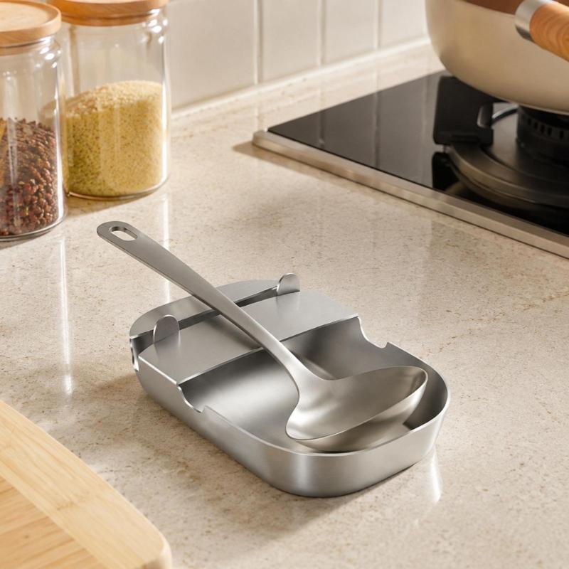 Kitchen Tool Stand with Sauce-Catching Tray, Vertical Support for Cooking Implements, Brushed 304 Steel Body, and Nonslip Base for Counter Use