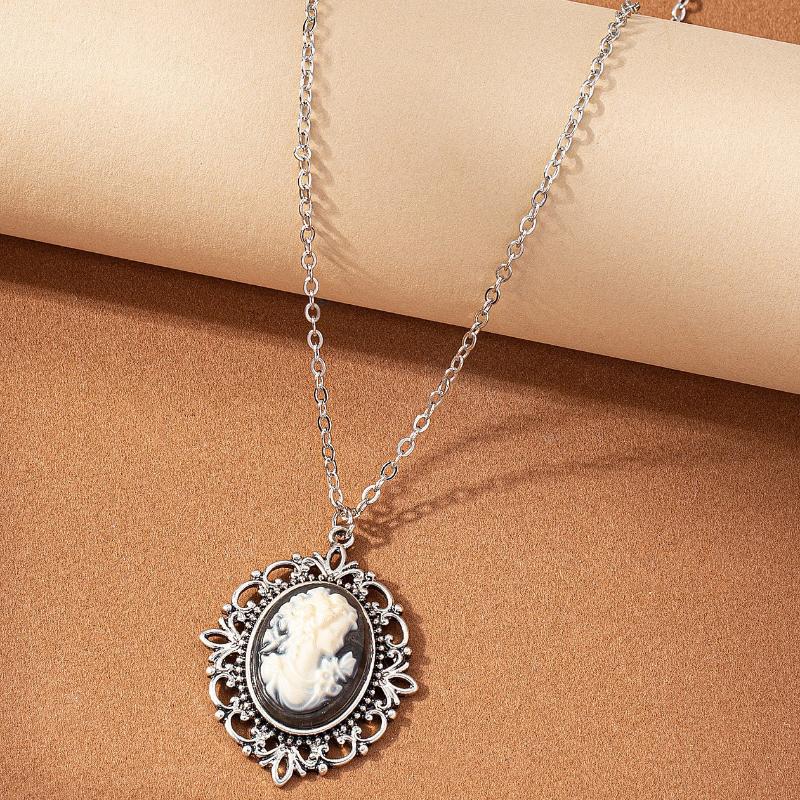 Timeless Silver Color Cameo Pendant Necklace Elegant Oval Unique Pattern Mysterious Necklace For Women Sophisticated Jewelry