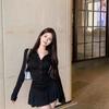 Black Pleated Polo Collar Dress with Cinched Waist - Sporty Slim Fit