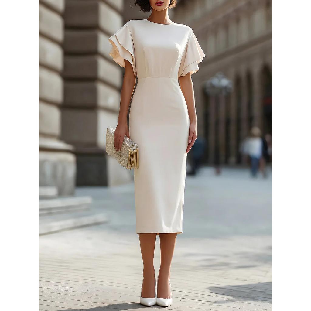Robe Fourreau Élégante à Manches Volants 2026 pour Femmes, Robe Midi Bodycon à Col Rond Coupe Ajustée, Tenue Formelle pour le Bureau et les Soirées Cocktail