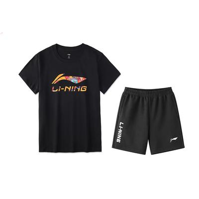 Lining Table Tennis Series Round Neck Printed Short Sleeve T-Shirt And Five-Point Shorts Casual Sports Set Men Sets Black AHSU837-1+AKSU747-1