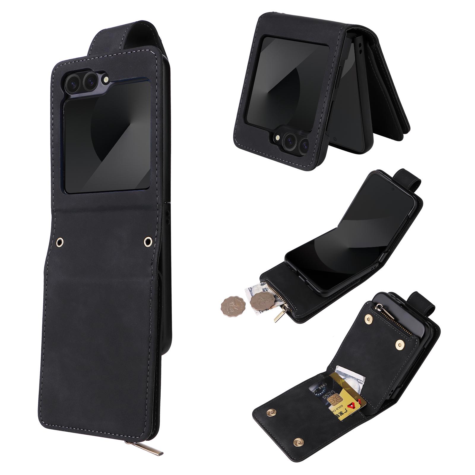 

For Samsung Galaxy Z Flip7 FE 5G/Z Flip6 5G Case Zipper Multi-Pocket Wallet Leather Phone Cover with Shoulder and Wrist Straps B
