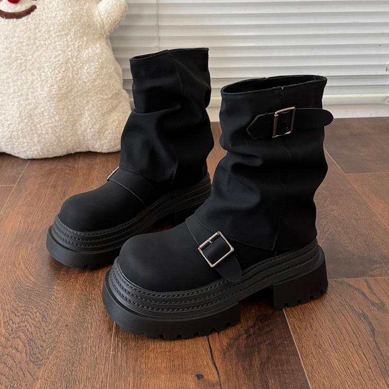 

Модная универсальная пряжка ремня, круглый носок, толстая подошва, ботильоны на платформе, женские, 2025, осень и зима, новые модные универсальные ботинки на толстой подошве 39 чёрный