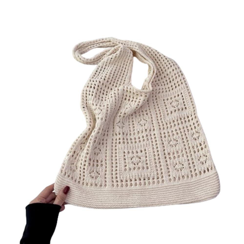 

Hollow Crochet Mesh Bag Solid Color Beach Tote Bag Fashion Knitting Shoulder Bag Ladies бежевий