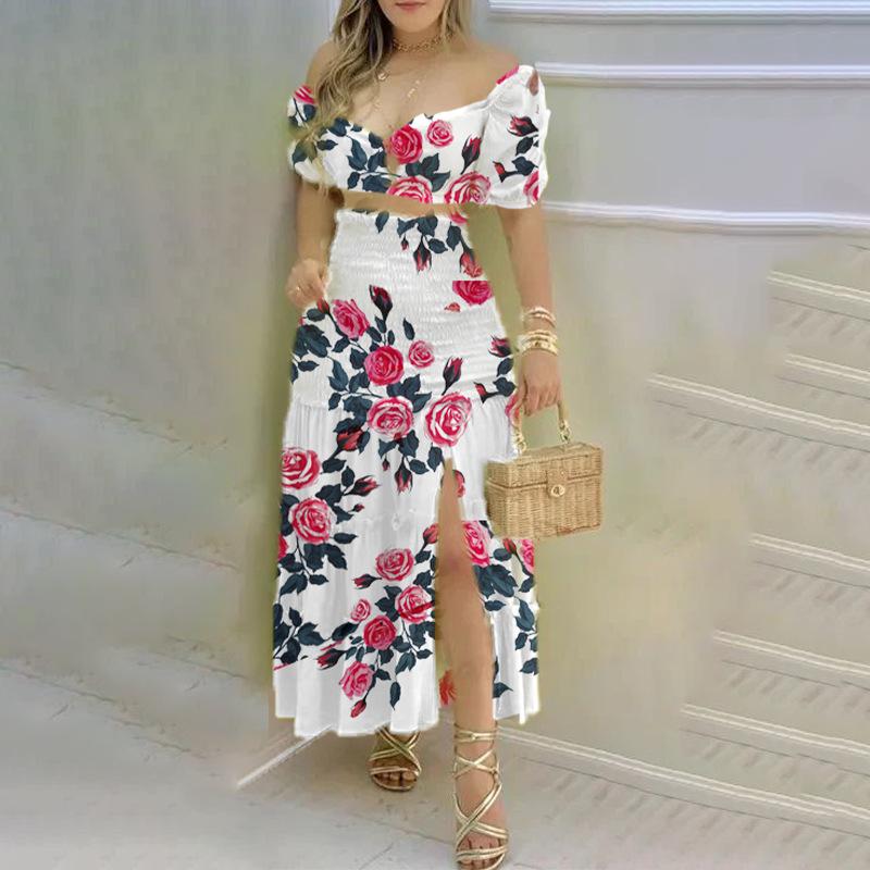 Autumn 2026 European-American Color Block Print Vest & High Waist Split Long Skirt Set 661