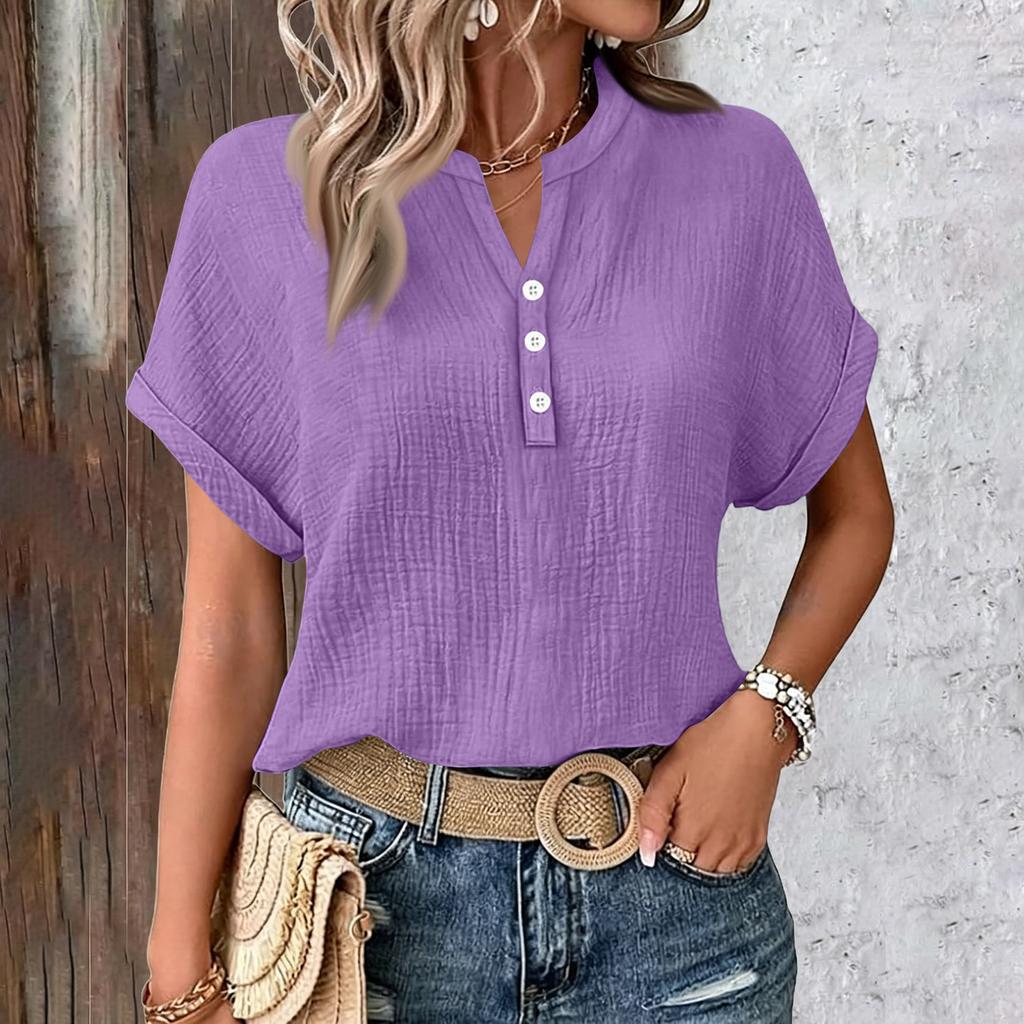 Womens Summer Tops Casual Button V Neck Short Sleeve Shirts Loose Pullover Tops Oversized Lightweight Blouses