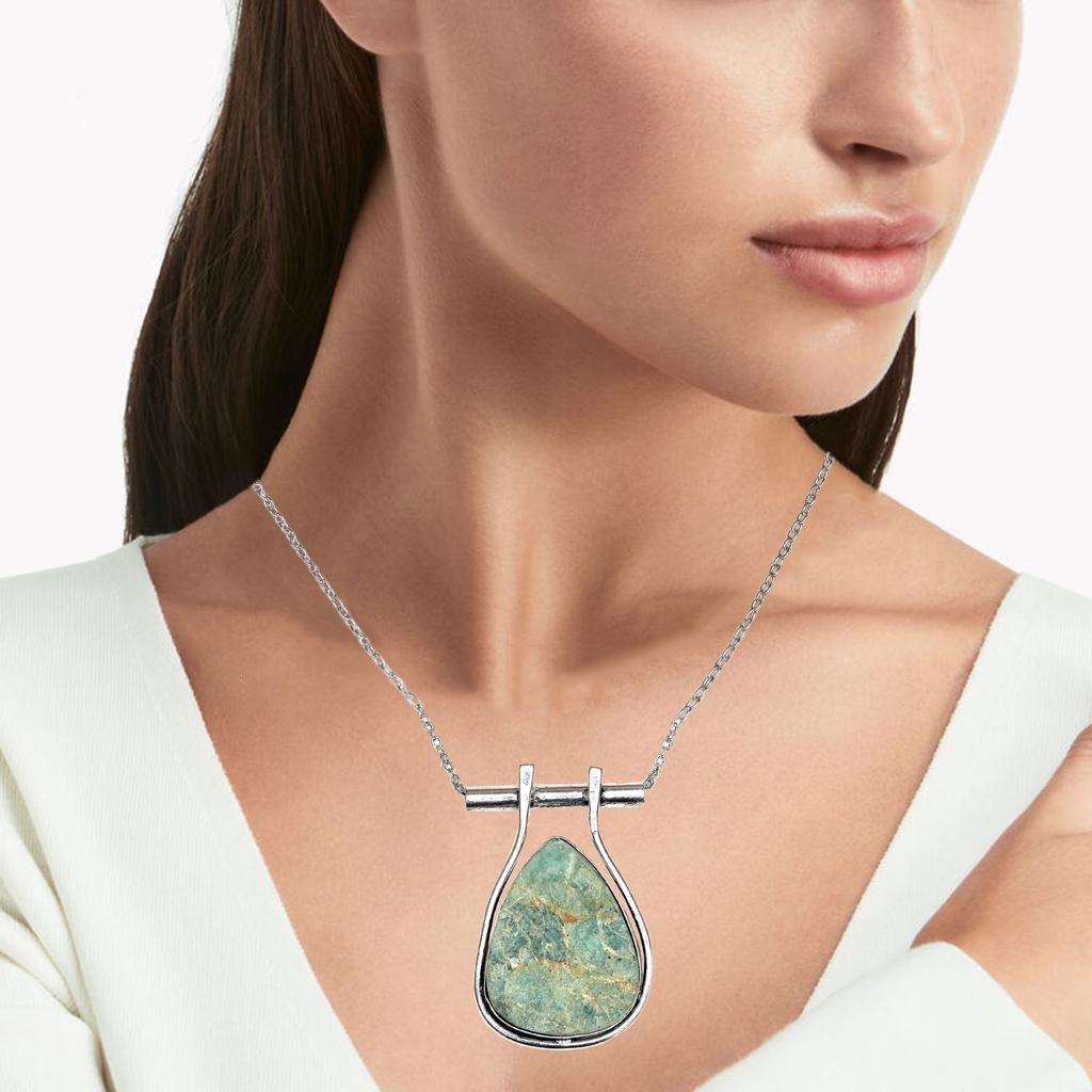 Necklace Amazonite Gemstone Natural Beads Round 20" Blue Pendant Silver Faceted