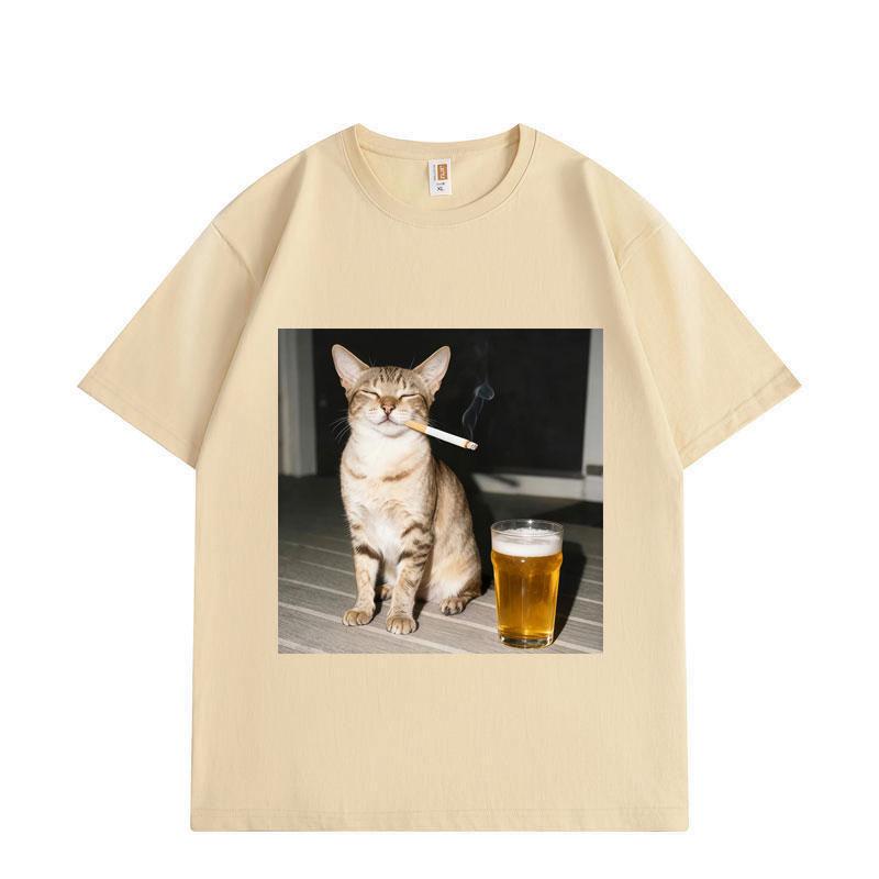 Funny Smoking and Drinking Cat Meme T Shirt High Quality Oversized T-shirts Men Women Casual Cotton Short Sleeve T-shirt
