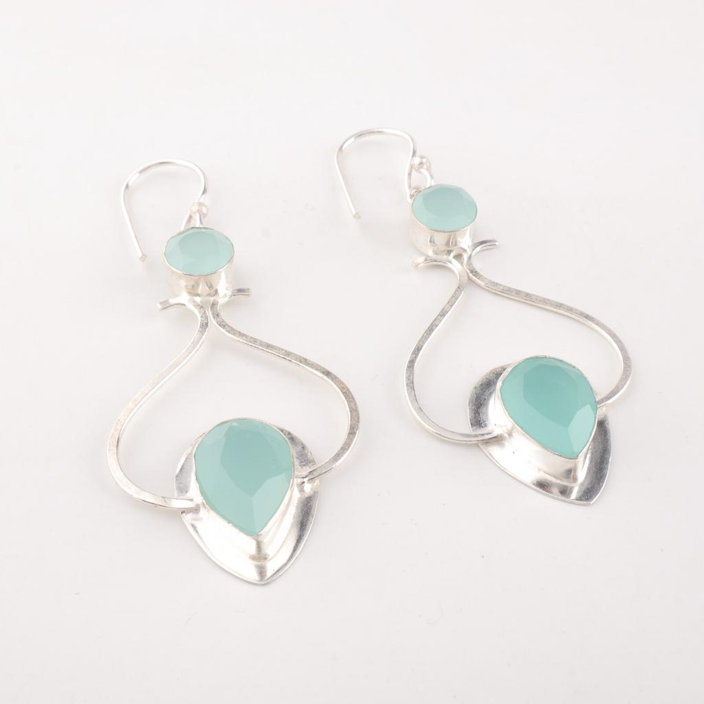 Natural Aqua Chalcedony Gemstone 925 Solid Silver Handmade Hook Earrings 2.07" EE-170-21