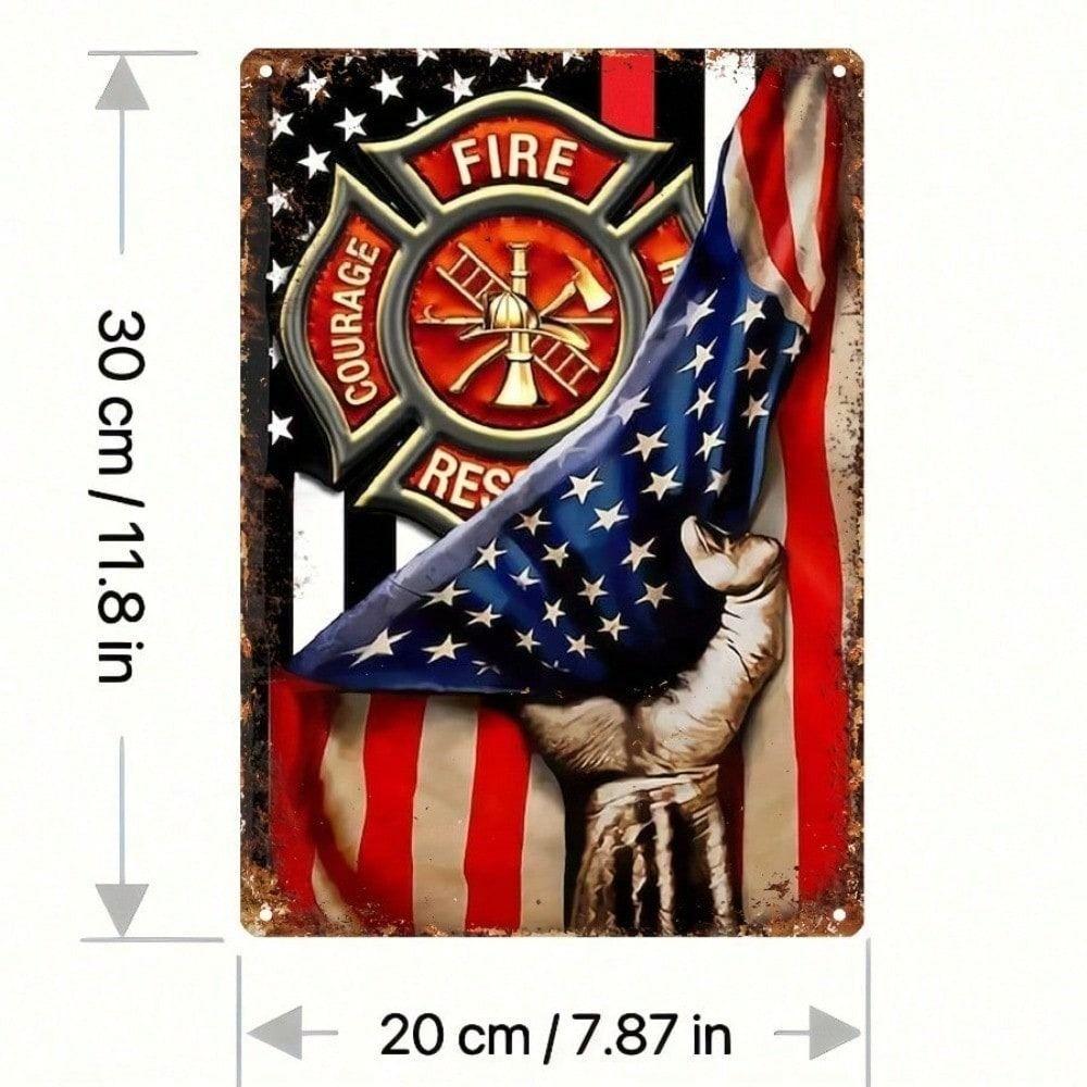 Vintage Metal Poster Firefighter Flag US Emblem Wall Art Decor 27x30cm