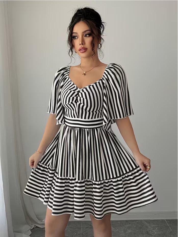 2025 European & American Style Bubble Shirring V-Neck Striped Shirt Dress with Short Sleeves XL чёрный/белый