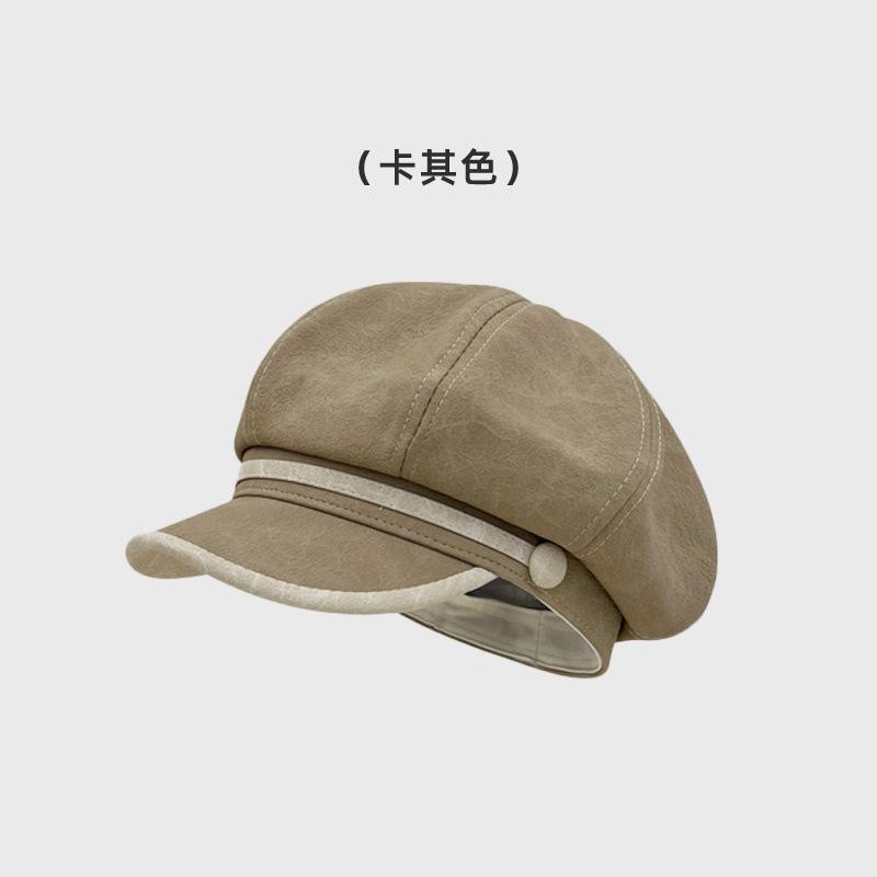 New pu leather brim octagonal hat female retro face little newsboy painter hat big head circumference beret