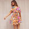 Women's Summer V-Neck Printed Beach Dress Lantern Sleeve Short Dresses