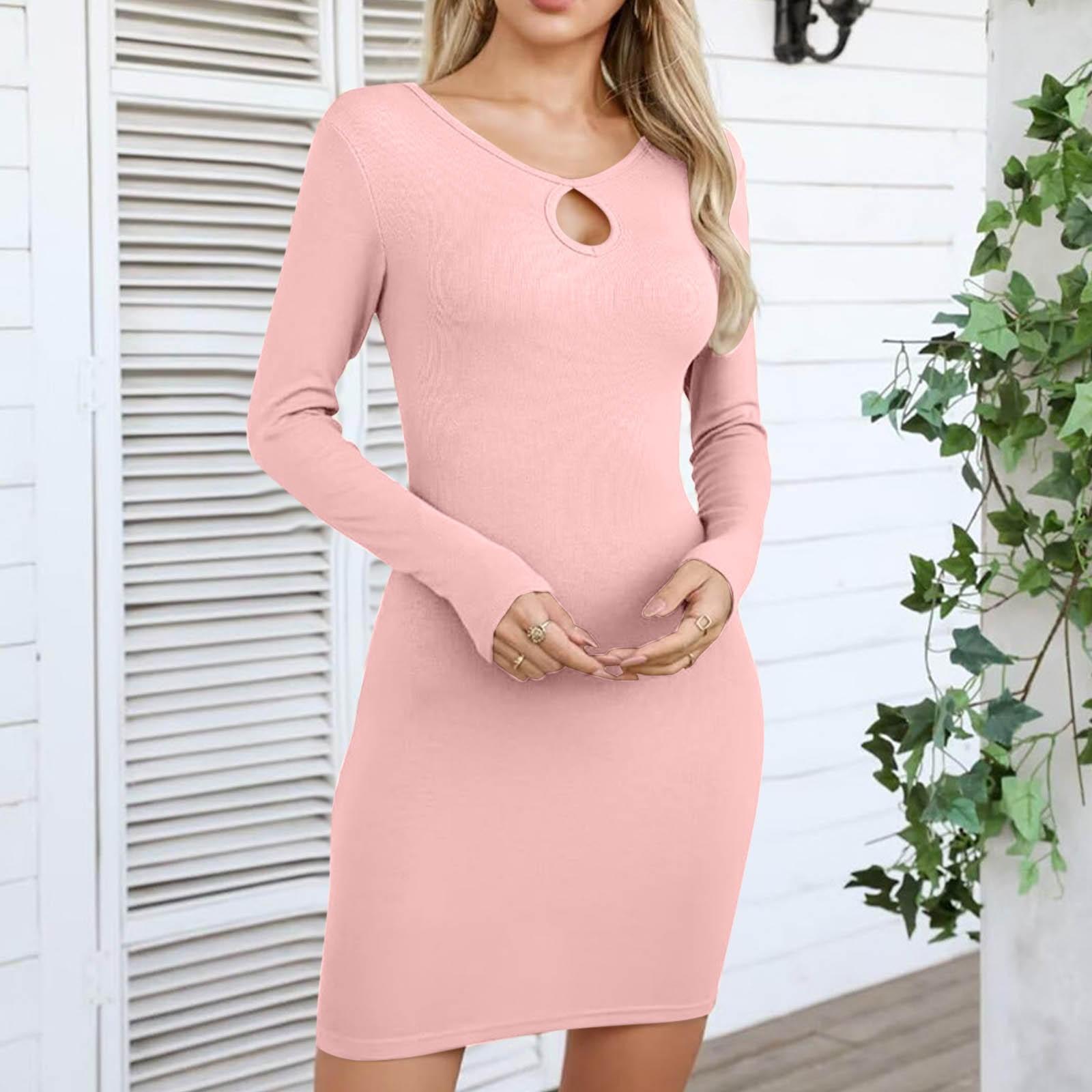 

Женское модное однотонное платье с круглым вырезом и длинными рукавами S розовый