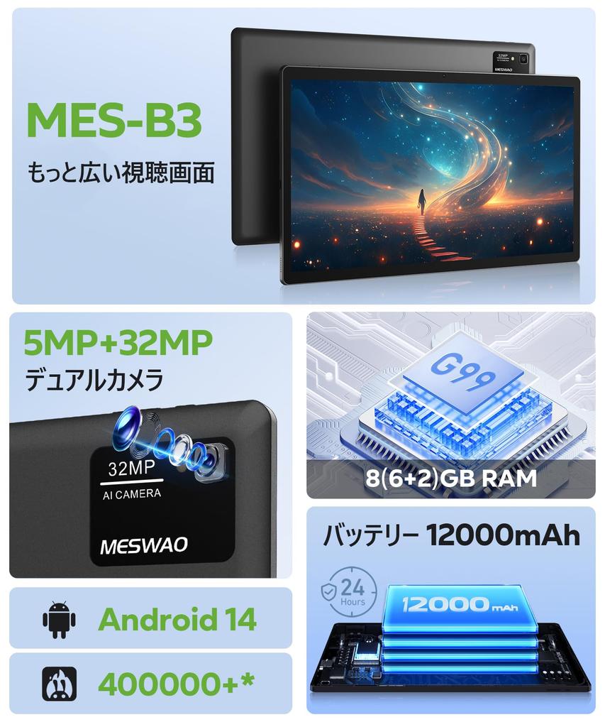 MESWAO Android 14 Large Expandable G99 FHD Large 12000mAh PD15W BT GMS FM Ideal for Video Streaming Tablet, 15.6-inch, Screen, Wi-Fi Model,