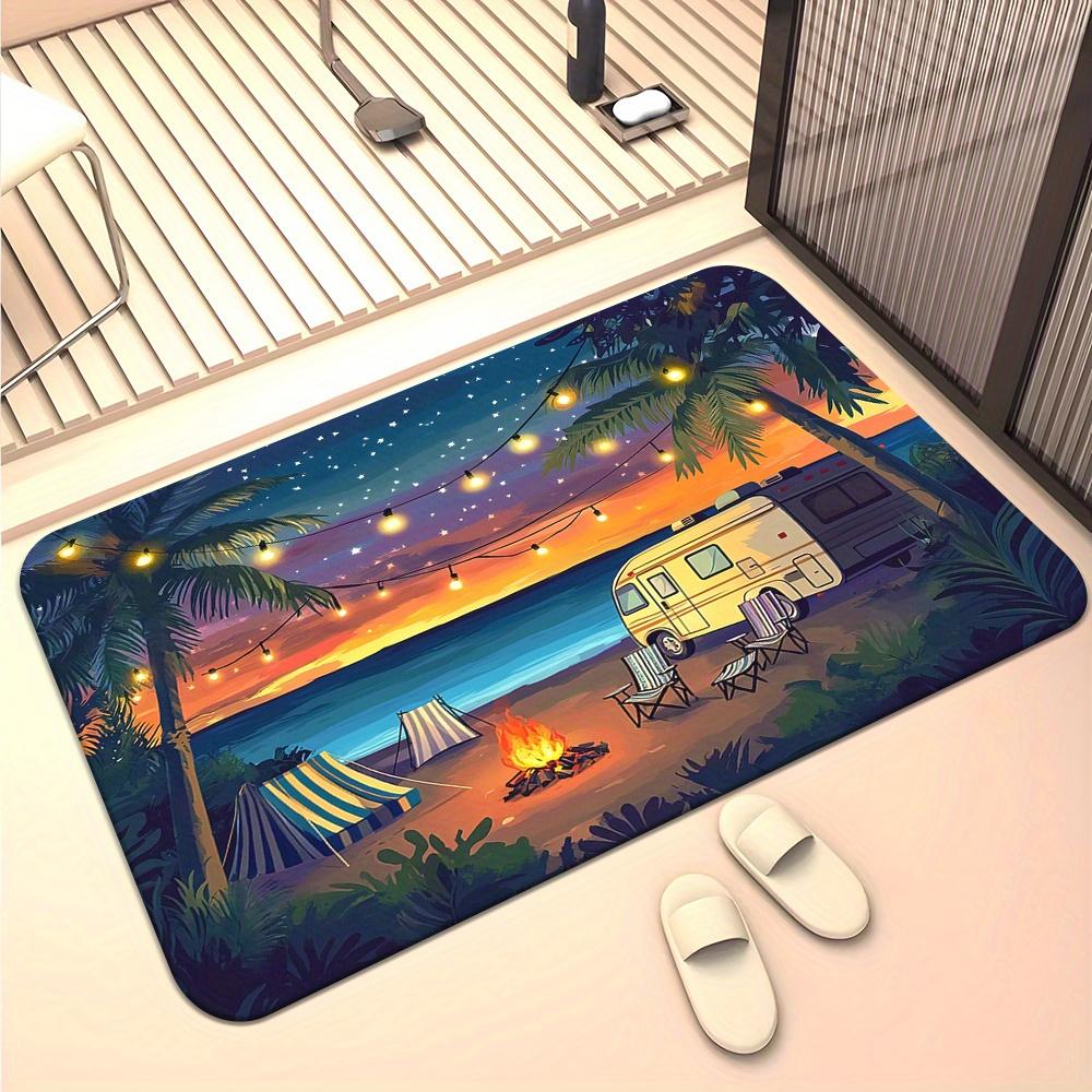 Seaside Camping High Definition Print Door Mat, Non-Slip Absorbent Washable Rug for Bedroom Living Room, Outdoor Picnic Decor