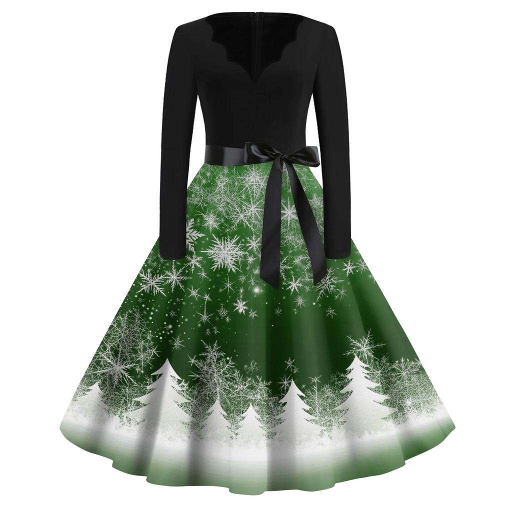 Women's Fashion V-Neck Relaxed-Fit Christmas Print Long-Sleeved Dress