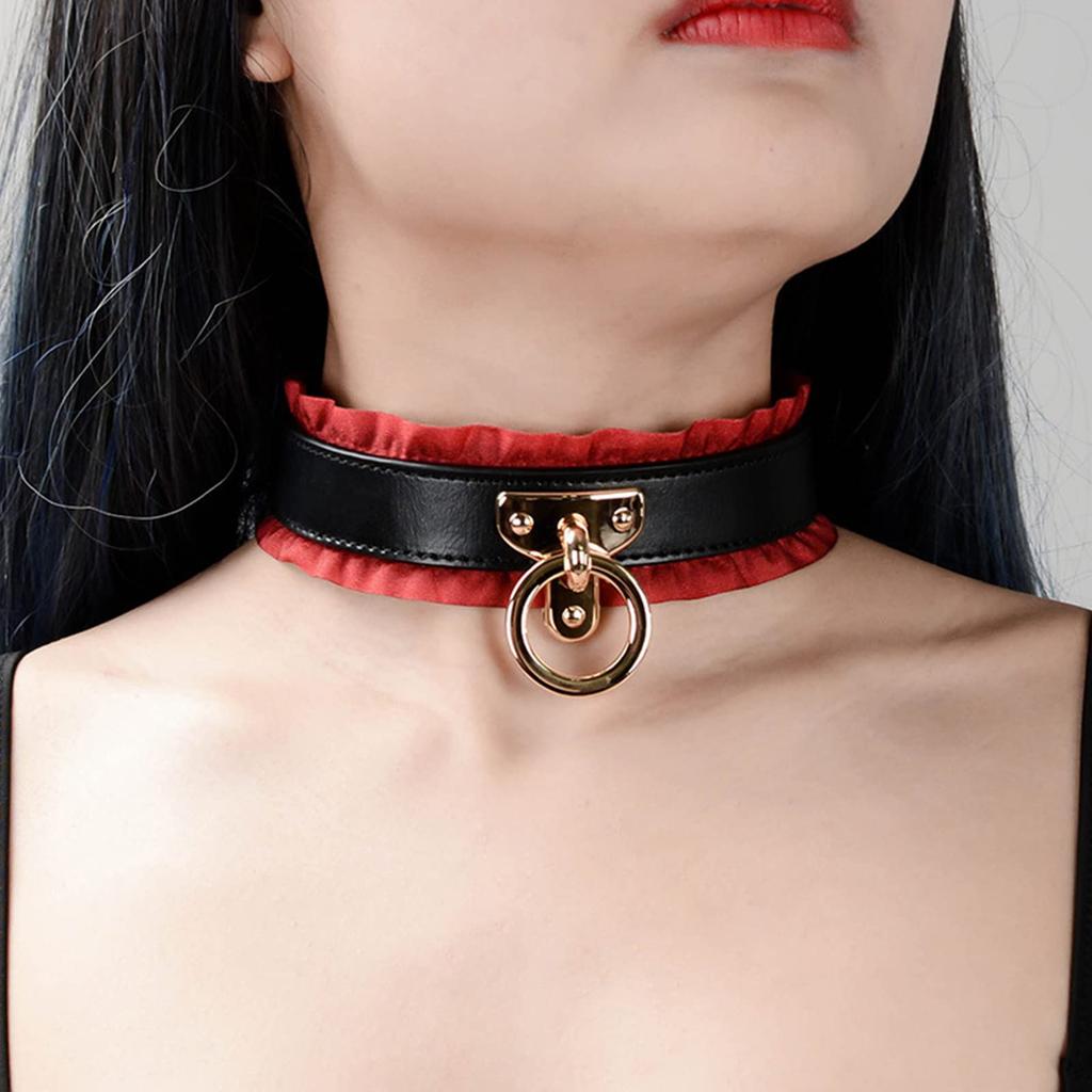 choker collar with training set Women's leash, SM, human, sexy, equipment, leather, cosplay, black, red, 2-piece