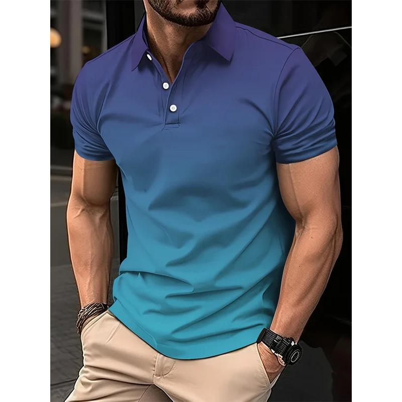 Men's Fashion Gradient Shirt Golf Shirt Short Sleeve Printed Button Clothing