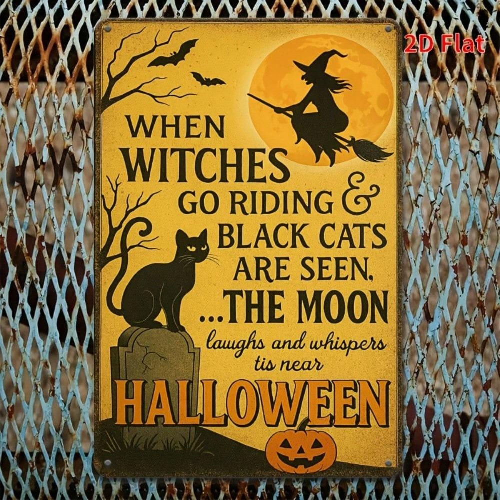 Vintage Halloween Metal Sign 8x12, Funny Black Cat Witch Tin Plaque, Retro Wall Art for Home Bar Cafe