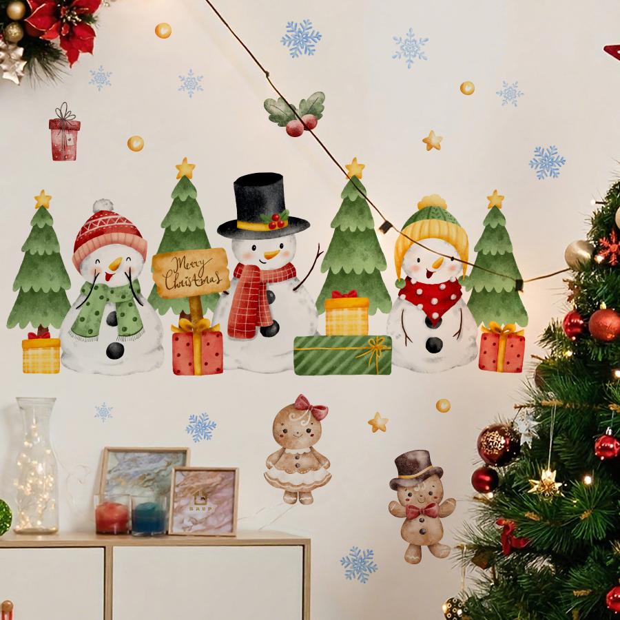 Festive Merry Christmas Wall Stickers with Snowmen & Gingerbread Removable Self-Adhesive for Kids Room Shop Restaurant Decor