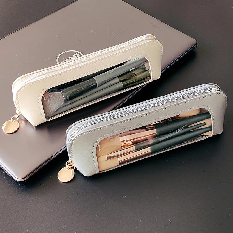 Women's Portable Leather Makeup Bag Waterproof Travel Cosmetic Pouch for Eyebrow Pencils & Brushes Compact Organizer Case