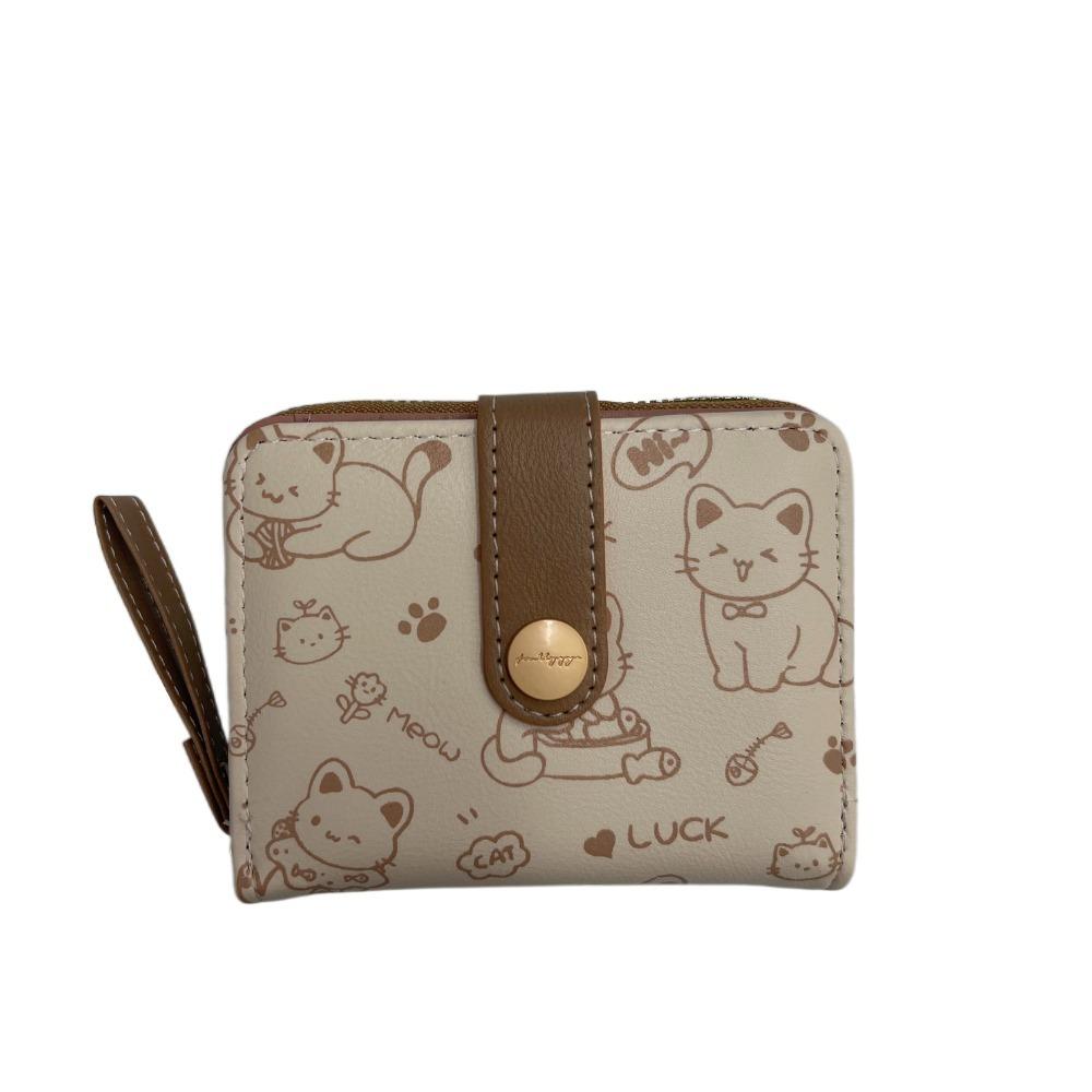 

Pu Cute Cat Girls Wallet Multiple Card Slot Zipper Wallets Button Short Student Money Bag Student хакі