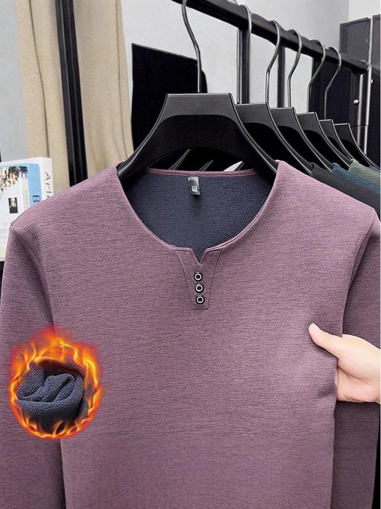 2025 Men's V-Neck Long Sleeve Plus Velvet Thickened T-shirt - Autumn/Winter, Youth Plus Size, Solid Color Base Layer