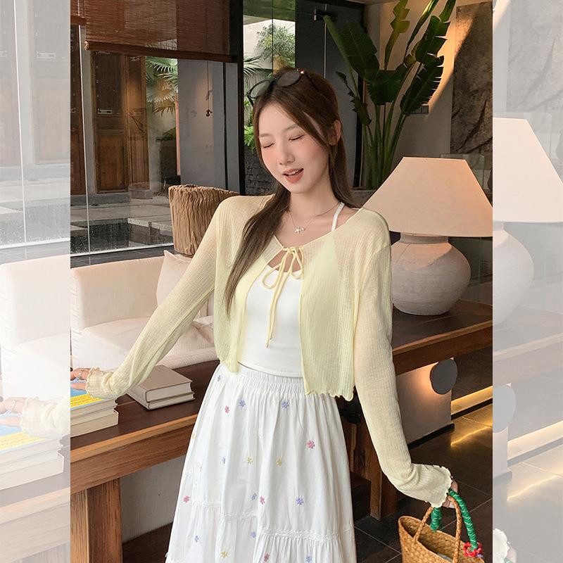 French temperament white thin fungus edge with long-sleeved sunscreen blouse cardigan women's summer with suspenders small top