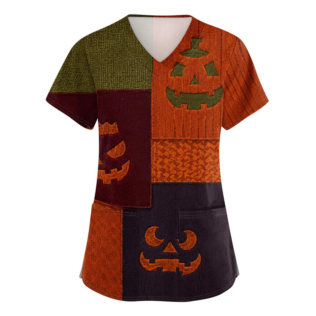 Women V Neck Halloween Print Short Sleeve Medical Scrub Top with Pocket Side Slit Workwear Uniform Shirt for Healthcare Professionals