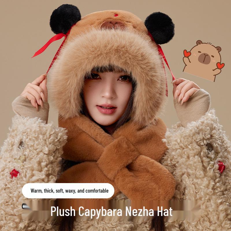 2025 Women's Capybara Warm Plush Hat Scarf Combo - Winter Windproof & Cold-Proof
